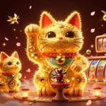 Découvrez un visuel captivant du casino en ligne fiable avec un chat chanceux en or et des rouleaux de machines à sous.