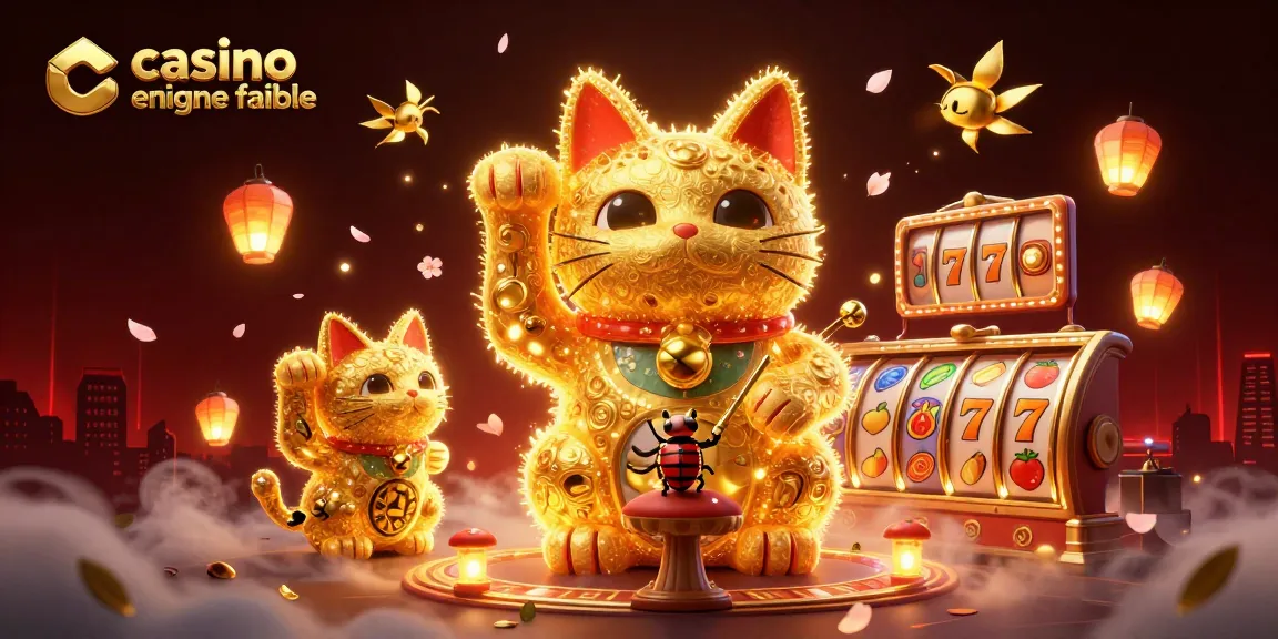 Découvrez un visuel captivant du casino en ligne fiable avec un chat chanceux en or et des rouleaux de machines à sous.
