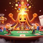 Le volcan doré triomphant avec des trésors autour d'un poker, un casino en ligne fiable.