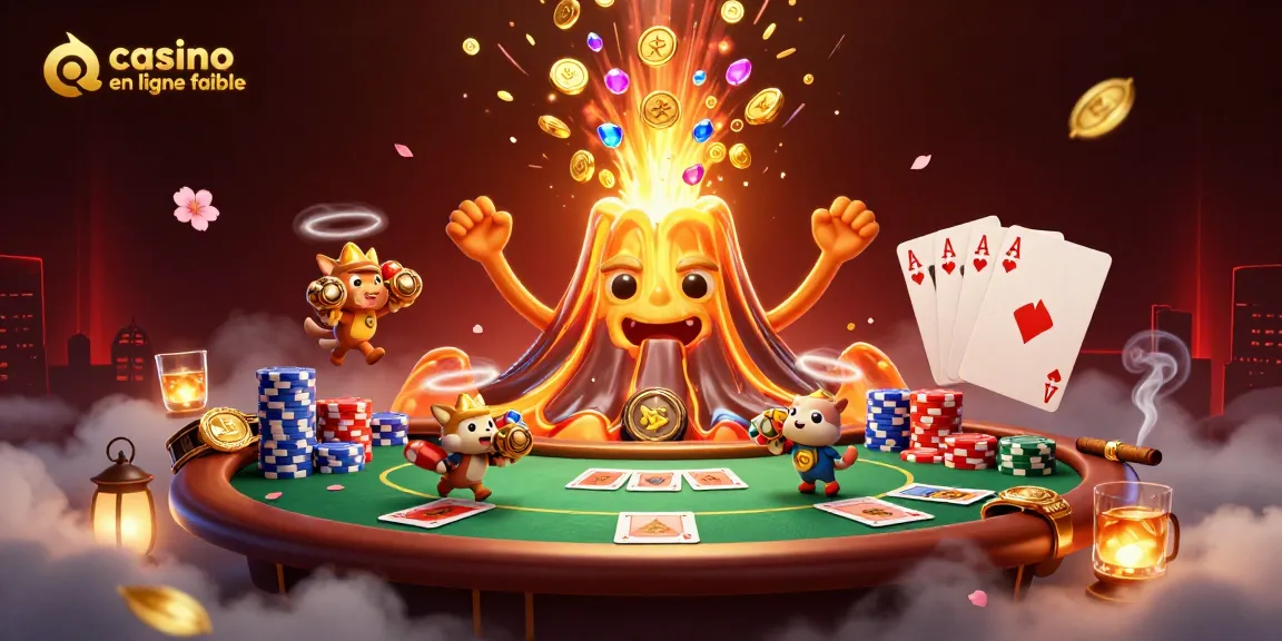 Le volcan doré triomphant avec des trésors autour d'un poker, un casino en ligne fiable.