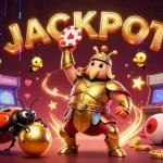 Découvrez une illustration dynamique de casino en ligne fiable avec un scarabée héros et un jackpot lumineux.