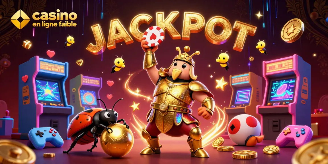 Découvrez une illustration dynamique de casino en ligne fiable avec un scarabée héros et un jackpot lumineux.