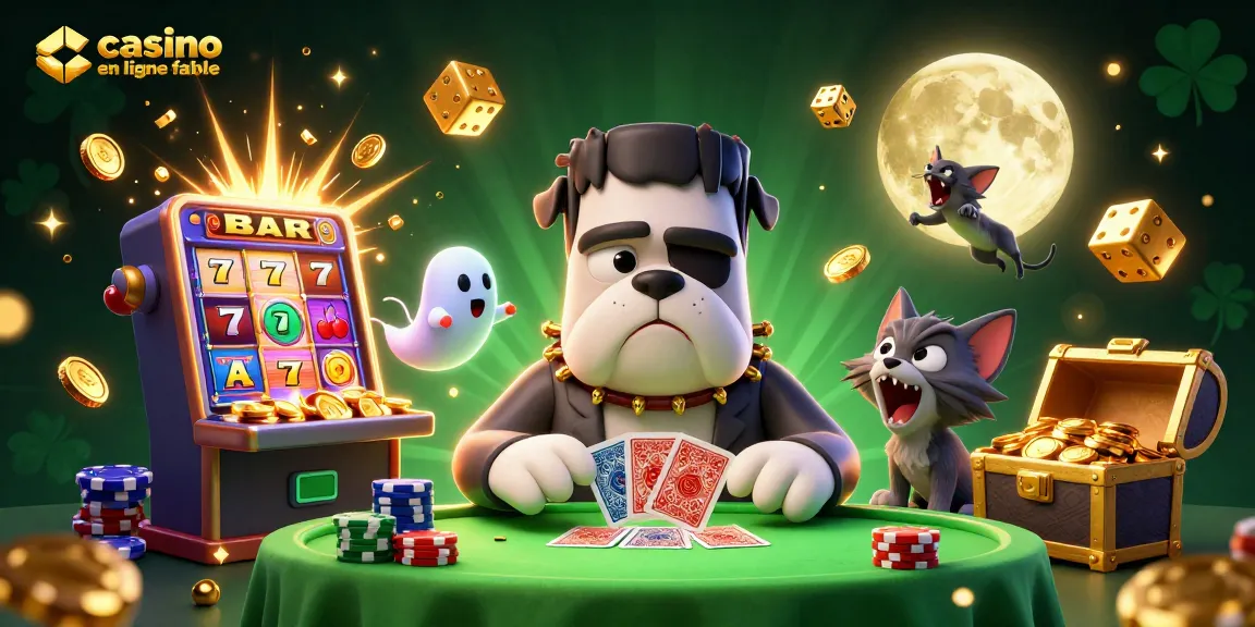 Profitez des jeux sur un casino en ligne fiable avec un bulldog Frankenstein et un chat loup dans une scène dynamique.