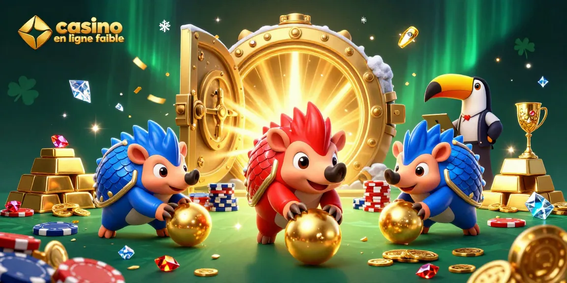 Vainquez avec un casino en ligne fiable dans une illustration amusante de pangolins rivaux jouant dans un décor de casino dynamique.