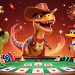 Jouez à casino en ligne fiable avec un T-Rex cowboy et des éléments de poker animés.