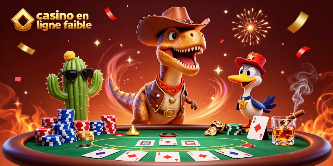 Jouez à casino en ligne fiable avec un T-Rex cowboy et des éléments de poker animés.