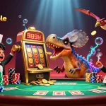 Machine à sous bruyante et pachycéphalosaure au casino en ligne fiable, une scène animée captivante.