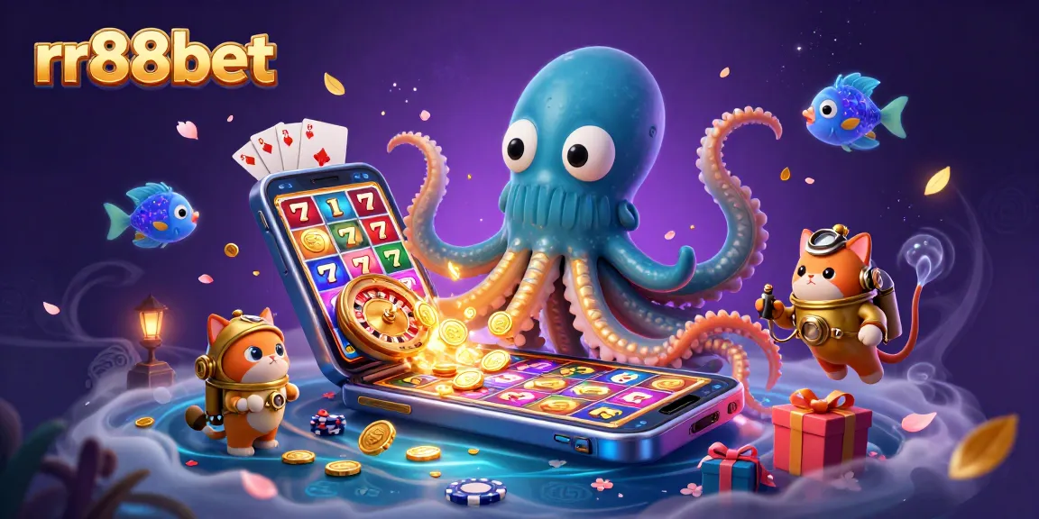 Experience thrilling gaming with rr88bet, featuring a kraken, diving cat, and casino elements amidst a rich underwater scene.