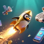 Découvrez un casino en ligne fiable avec un pingouin doré et des pièces volantes dans l'espace.