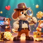 Illustration dynamique représentant un casino en ligne fiable avec un détective et des éléments de jeu.