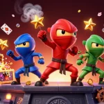 Visitez un casino en ligne fiable avec une équipe de caméléons ninjas en action sur un toit, entourés de trésors.