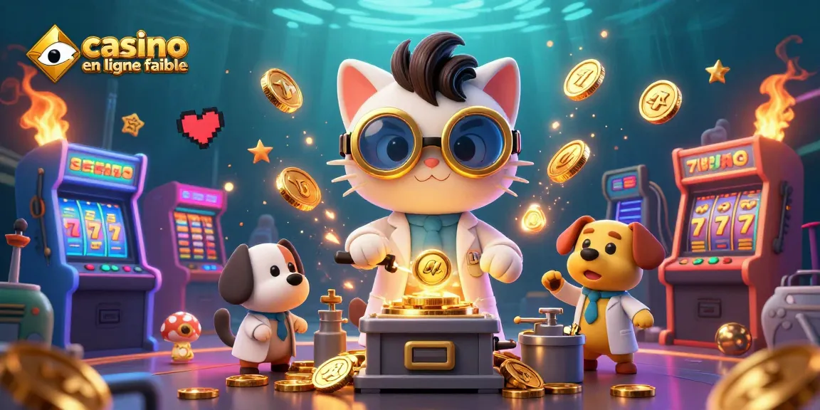 Aperçu captivant d'un casino en ligne fiable, avec un chat fou et un chien assistant entourés de machines à sous et de bulles dorées.