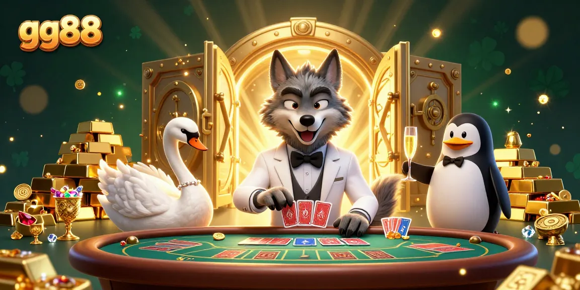 Experience the excitement of gg88 with a lively casino scene featuring a debonair wolf, elegant swan, and sophisticated penguin.