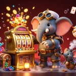 Jouer à des jeux de casino en ligne fiable avec une illustration attrayante d'un éléphant mécanicien et des éléments de jeu.