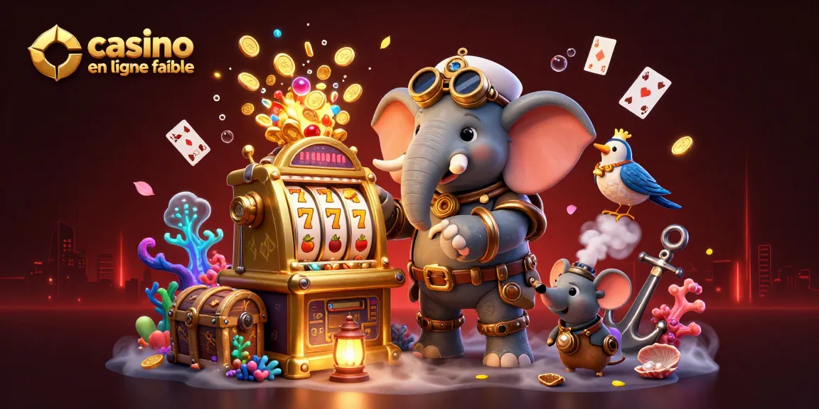 Jouer à des jeux de casino en ligne fiable avec une illustration attrayante d'un éléphant mécanicien et des éléments de jeu.