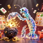 Illustration dynamique sur le thème casino en ligne fiable, mettant en avant des personnages en action parmi des éléments de jeu colorés.