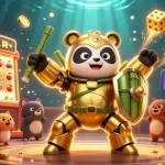 Vivez une expérience excitante de casino en ligne fiable avec l'illustration d'un panda en méca entouré d'éléments de jeu.