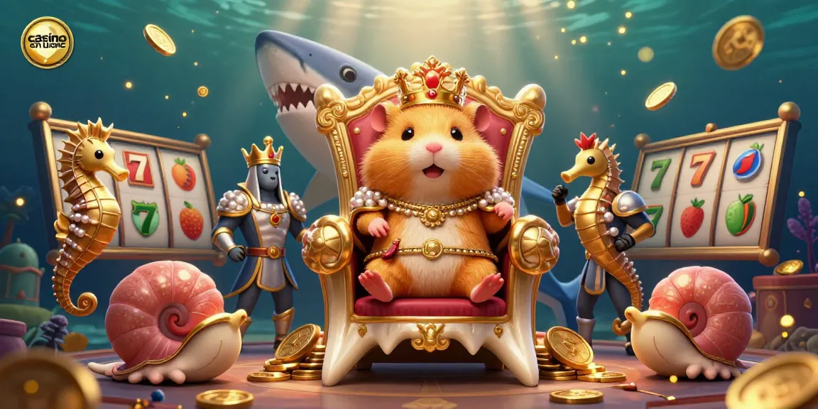 Visuel captivant illustrant le roi hamster en or sur un trône de dent de mégalodon dans un casino en ligne.