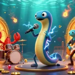 Illustration d'un casino en ligne fiable avec un anguille DJ et des musiciens sous-marins, remplie de richesses.