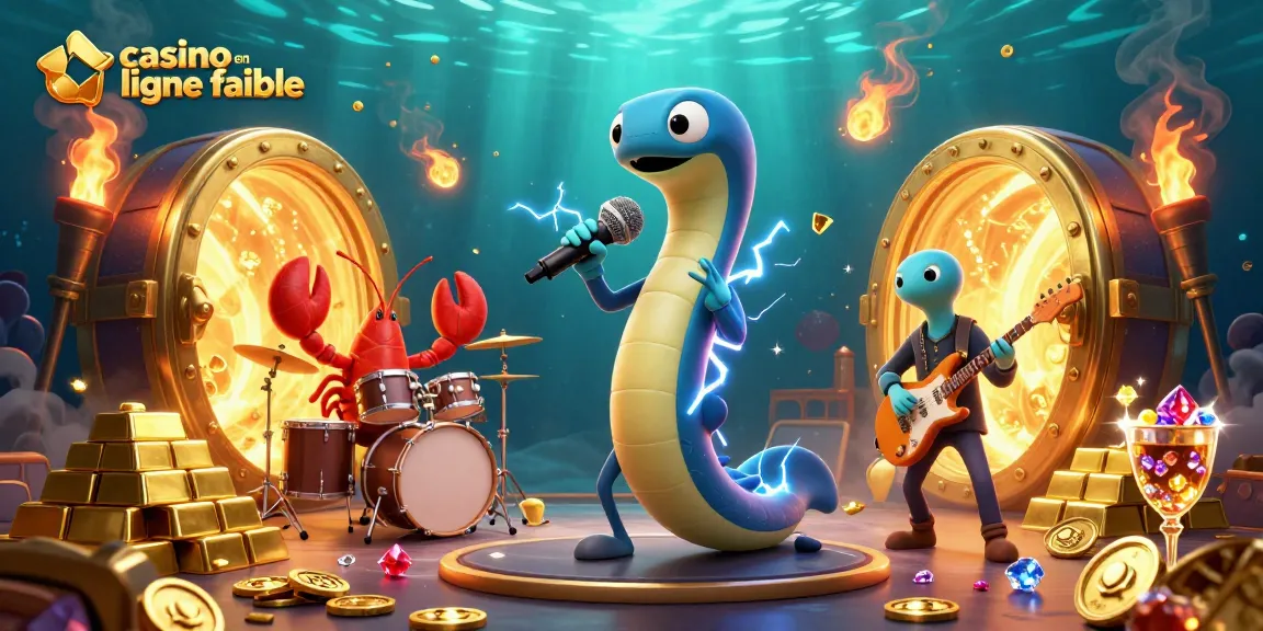 Illustration d'un casino en ligne fiable avec un anguille DJ et des musiciens sous-marins, remplie de richesses.