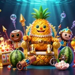 Une scène de casino en ligne fiable avec un roi ananas et des gardes de noix de coco sous l'eau.