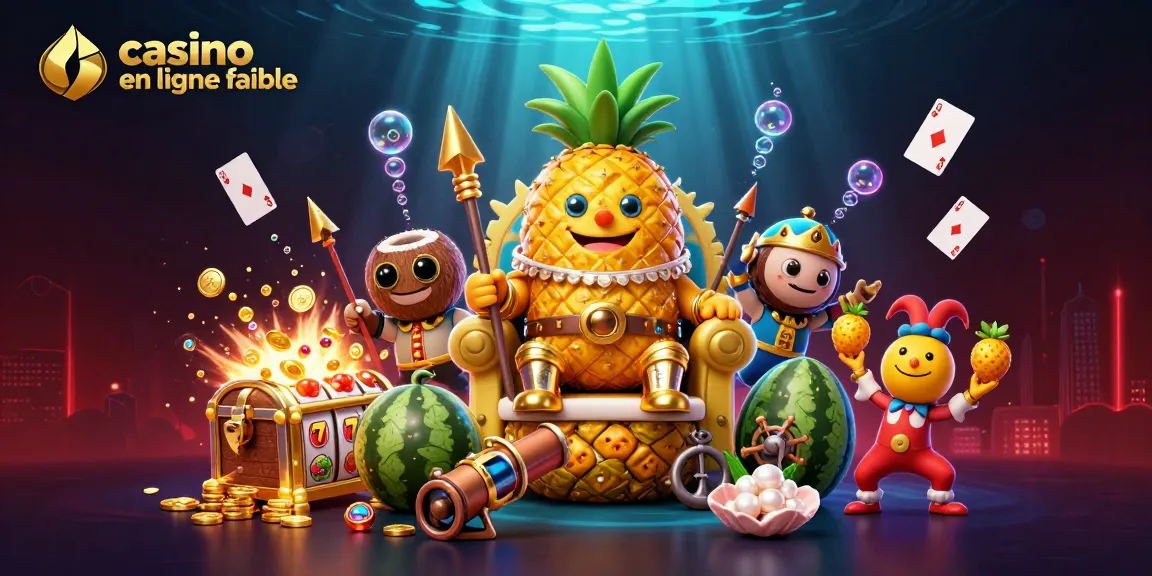 Une scène de casino en ligne fiable avec un roi ananas et des gardes de noix de coco sous l'eau.