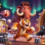 Illustration d'un casino en ligne préhistorique avec des personnages animés qui jouent.