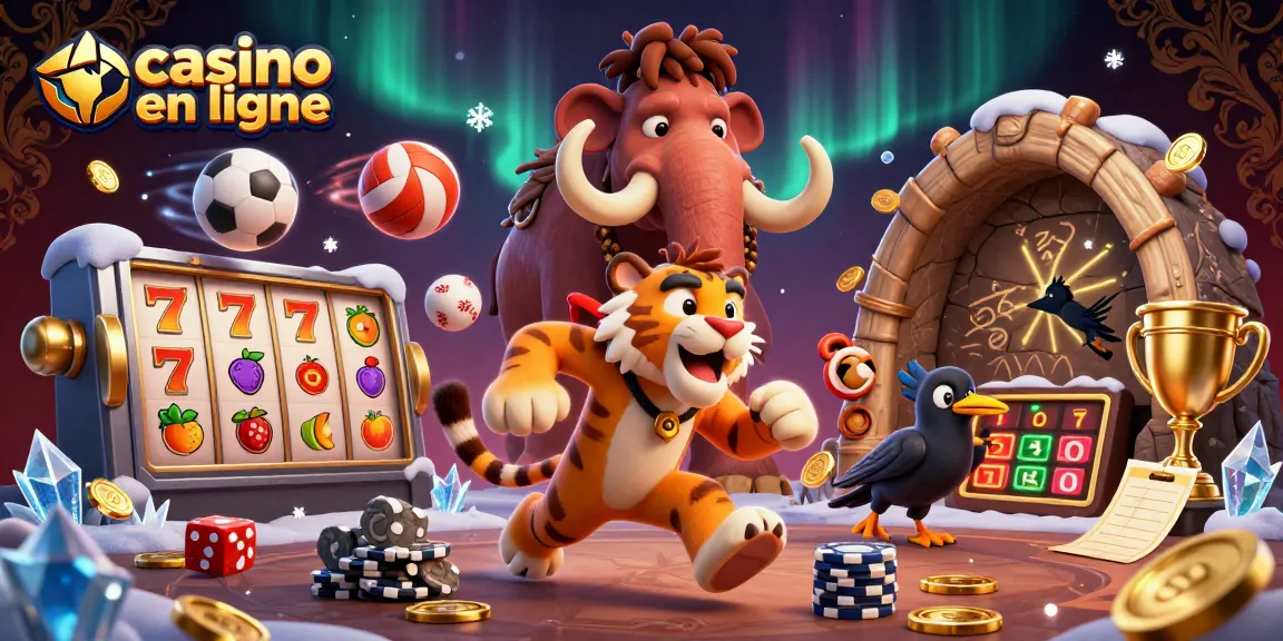 Illustration d'un casino en ligne préhistorique avec des personnages animés qui jouent.