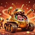 Visualiser un casino en ligne fiable avec un tank doré en 3D, des jeux et une ambiance festive.
