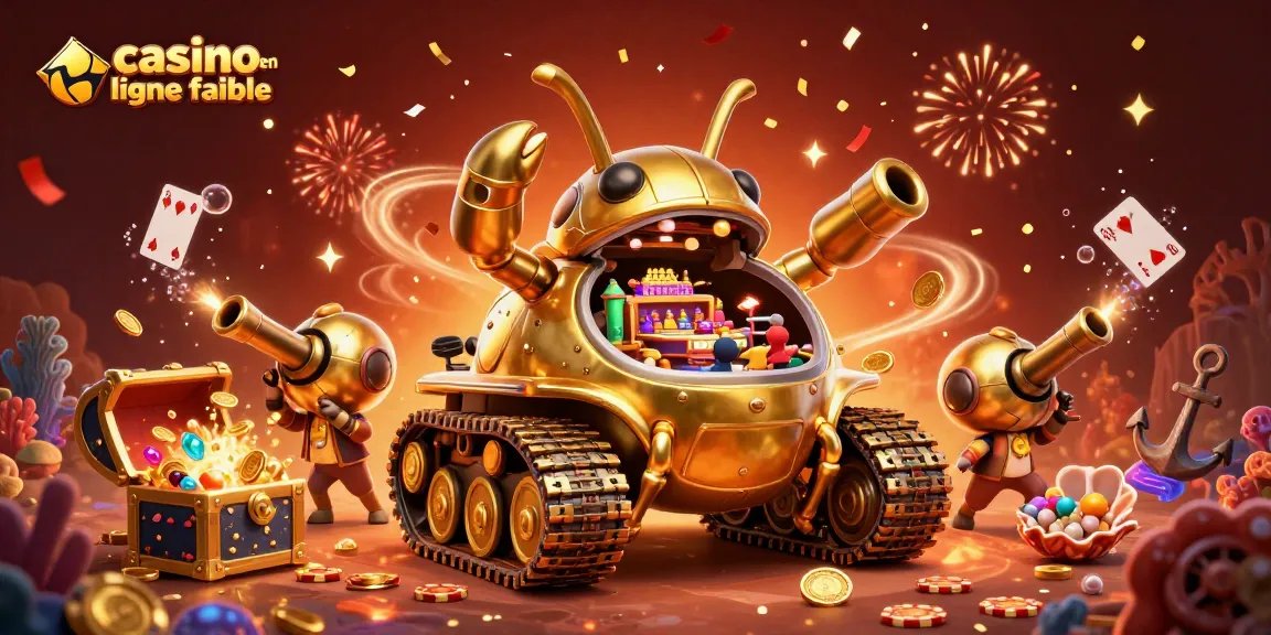 Visualiser un casino en ligne fiable avec un tank doré en 3D, des jeux et une ambiance festive.