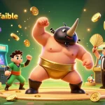Capture d'une scène vibrante démontrant un casino en ligne fiable avec un champion de sumo et des machines à sous colorées.