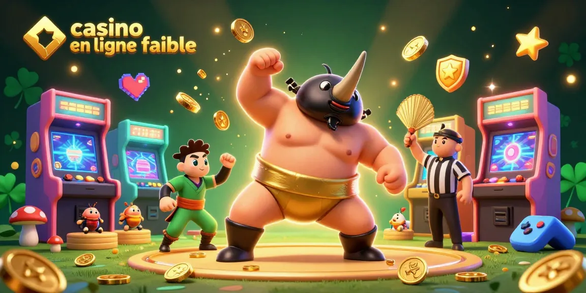 Capture d'une scène vibrante démontrant un casino en ligne fiable avec un champion de sumo et des machines à sous colorées.