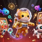 Jouer avec des divertissements au casino en ligne fiable tout en faisant l'expérience d'une illustration dynamique d'un chat astronaute et de son chien robot.