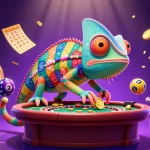 Plongez dans l'univers du casino en ligne fiable avec un propriétaire caméléon dynamique, entouré de balles de loterie colorées.