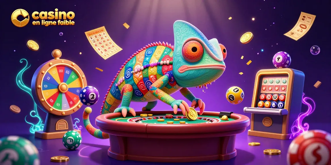 Plongez dans l'univers du casino en ligne fiable avec un propriétaire caméléon dynamique, entouré de balles de loterie colorées.