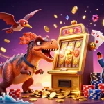 Le pachycephalosaurus des casinos en ligne fiables frappe une machine à sous dorée, évitant la panique d'un ankylosaure.
