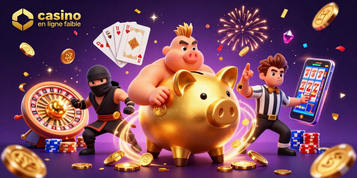 Illustration dynamique sur un casino en ligne fiable avec un cochon tirelire sumo et des éléments de jeu en action.