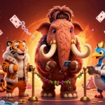 Une scène animée d'un mammouth à l'entrée d'un casino en ligne fiable, accueillant des VIP.