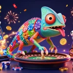 Illustration colorée d'un caméléon propriétaire de casino, illustrant un casino en ligne fiable avec des jeux et des jetons.