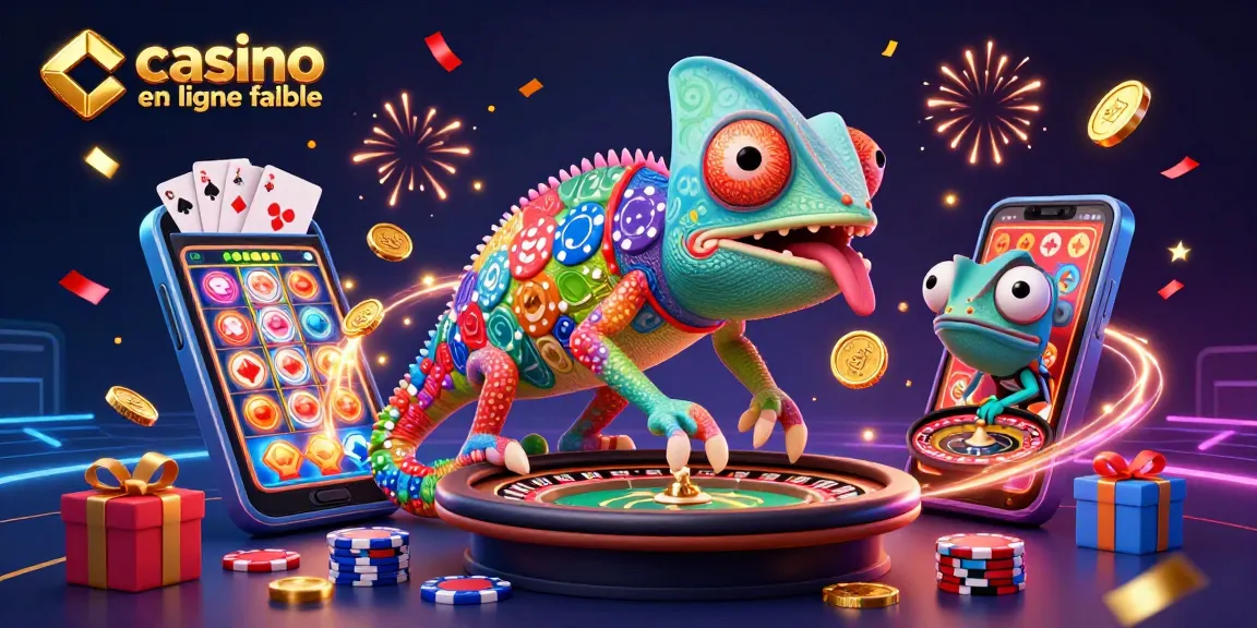 Illustration colorée d'un caméléon propriétaire de casino, illustrant un casino en ligne fiable avec des jeux et des jetons.