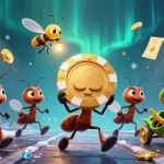 Des fourmis transportent un jeton de poker géant pour un casino en ligne, dans une scène captivante.