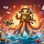 Découvrez l'illustration d'un kraken doré et d'une ambiance de casino en ligne fiable accueillant des trésors.