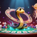 Pariez au casino en ligne fiable avec une illustration dynamique d'un serpent Saturne et des astronautes.