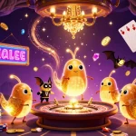 Des lucioles illuminant un casino en ligne fiable, avec un croupier chauve-souris et des éléments de casino tout autour.