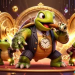 Vivez l'excitation du casino en ligne avec une illustration d'une tortue en smoking entourée de trésors brillants.