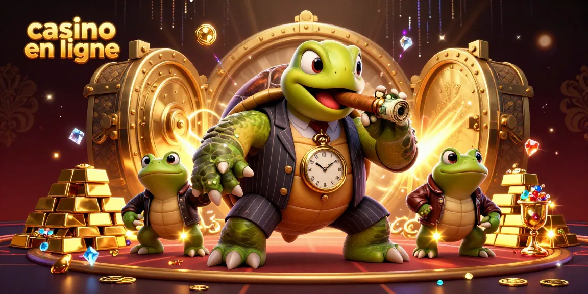 Vivez l'excitation du casino en ligne avec une illustration d'une tortue en smoking entourée de trésors brillants.