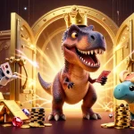 Image d'un T-Rex jouant aux cartes avec un ptérodactyle assistant et un tricératops, représentant un casino en ligne fiable.