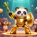 Illustration dynamique avec un panda en armure de combat dans un casino, représentant le casino en ligne fiable.