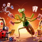 Visualisez le monde d'un casino en ligne fiable avec un caméléon géant jouant aux cartes, des trésors, et des symboles de jackpot.