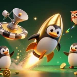 Gagnez des gains avec un casino en ligne fiable, illustré par un pingouin doré et des pièces de monnaie.